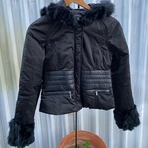 bebe Black real rabbit Fur  leather Trim Puffer Jacket vintage y2k baddie